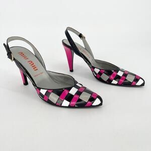 Vintage Retro Miu Miu Pink Black White Woven Pointed Toe Slingback Pump IT 39